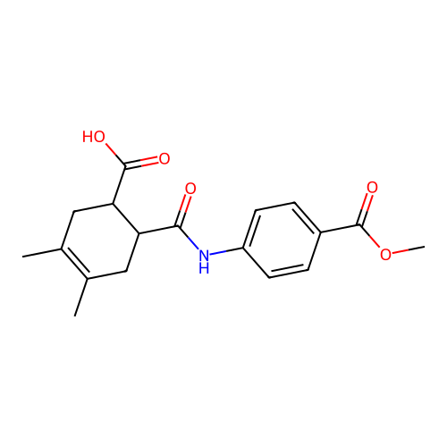 6-((4-(methoxycarbonyl)phenyl)carbamoyl)-3,4-dimethylcyclohex-3-enecarboxylic acid structure