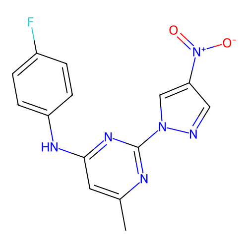 N-(4-fluorophenyl)-6-methyl-2-(4-nitro-1H-pyrazol-1-yl)pyrimidin-4-amine structure