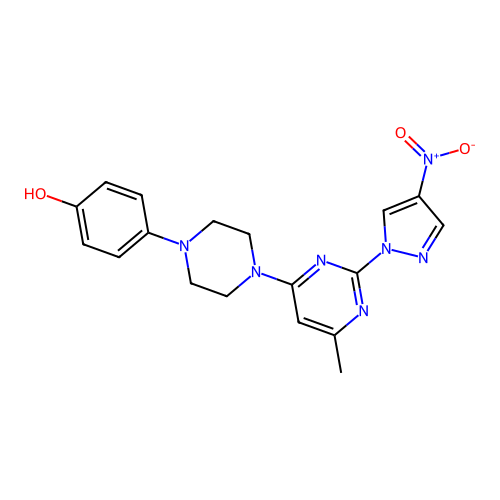 4-{4-[6-methyl-2-(4-nitro-1H-pyrazol-1-yl)pyrimidin-4-yl]piperazin-1-yl}phenol structure