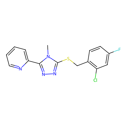 2-[5-[(2-chloro-4-fluorophenyl)methylsulfanyl]-4-methyl-1,2,4-triazol-3-yl]pyridine structure