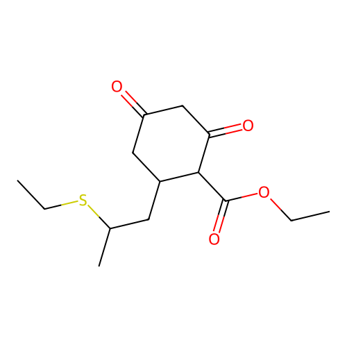 Ethyl 2-[2-(ethylthio)propyl]-4,6-dioxocyclohexanecarboxylate structure