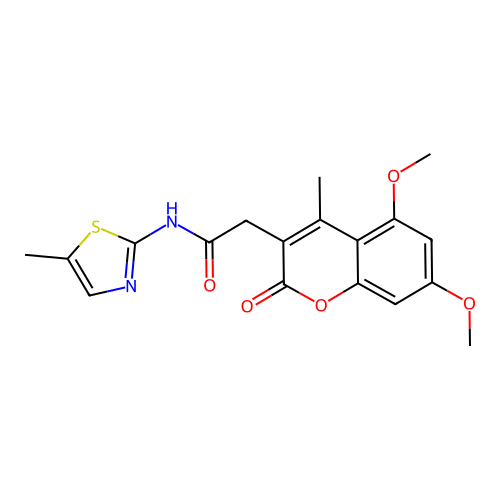 2-(5,7-dimethoxy-4-methyl-2-oxo-2H-chromen-3-yl)-N-(5-methyl-1,3-thiazol-2-yl)acetamide structure