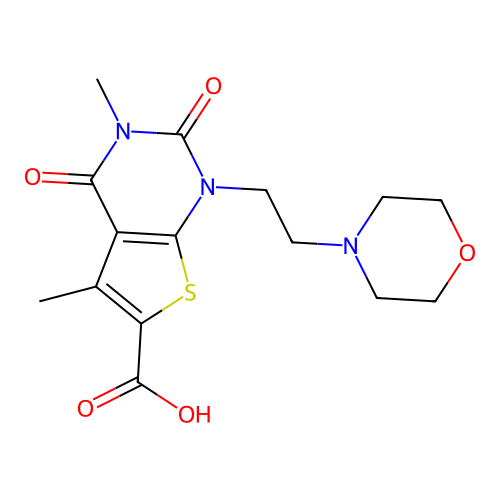 3,5-dimethyl-1-(2-morpholinoethyl)-2,4-dioxo-1,2,3,4-tetrahydrothieno[2,3-d]pyrimidine-6-carboxylic acid structure