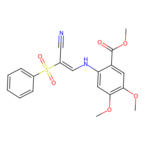 (E)-methyl 2-((2-cyano-2-(phenylsulfonyl)vinyl)amino)-4,5-dimethoxybenzoate structure
