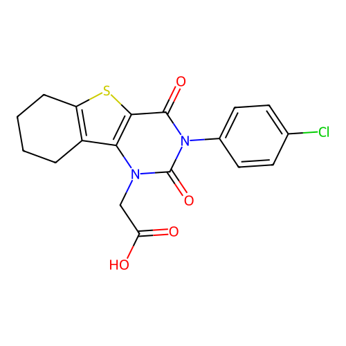 2-(3-(4-chlorophenyl)-2,4-dioxo-3,4,6,7,8,9-hexahydrobenzo[4,5]thieno[3,2-d]pyrimidin-1(2H)-yl)acetic acid structure
