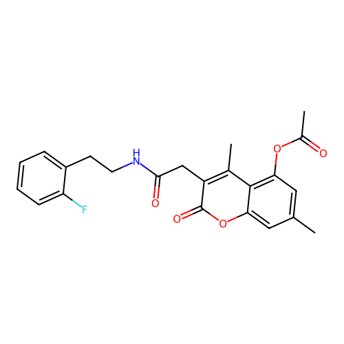 3-(2-((2-fluorophenethyl)amino)-2-oxoethyl)-4,7-dimethyl-2-oxo-2H-chromen-5-yl acetate structure