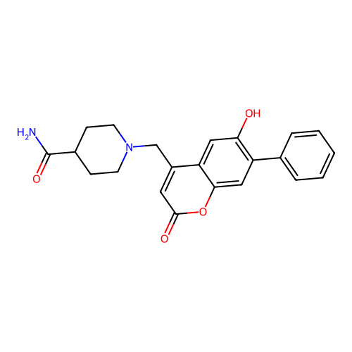 1-[(6-hydroxy-2-oxo-7-phenyl-2H-chromen-4-yl)methyl]piperidine-4-carboxamide structure