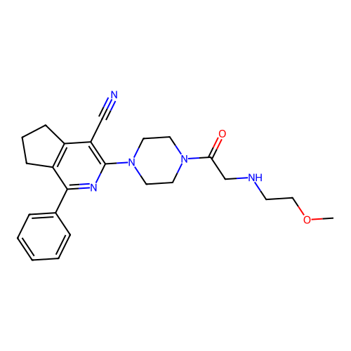 3-(4-(2-((2-methoxyethyl)amino)acetyl)piperazin-1-yl)-1-phenyl-6,7-dihydro-5H-cyclopenta[c]pyridine-4-carbonitrile structure