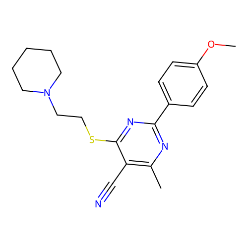 2-(4-methoxyphenyl)-4-methyl-6-((2-(piperidin-1-yl)ethyl)thio)pyrimidine-5-carbonitrile structure