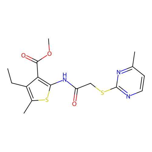 methyl 4-ethyl-5-methyl-2-({[(4-methylpyrimidin-2-yl)sulfanyl]acetyl}amino)thiophene-3-carboxylate structure