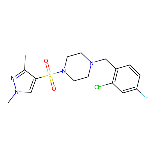1-(2-chloro-4-fluorobenzyl)-4-[(1,3-dimethyl-1H-pyrazol-4-yl)sulfonyl]piperazine structure