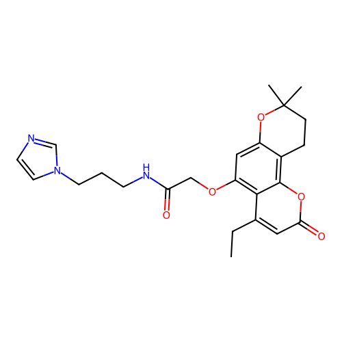 N-(3-(1H-imidazol-1-yl)propyl)-2-((4-ethyl-8,8-dimethyl-2-oxo-2,8,9,10-tetrahydropyrano[2,3-f]chromen-5-yl)oxy)acetamide structure