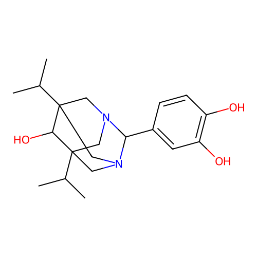 4-((1r,5R,7S)-6-hydroxy-5,7-diisopropyl-1,3-diazaadamantan-2-yl)benzene-1,2-diol structure