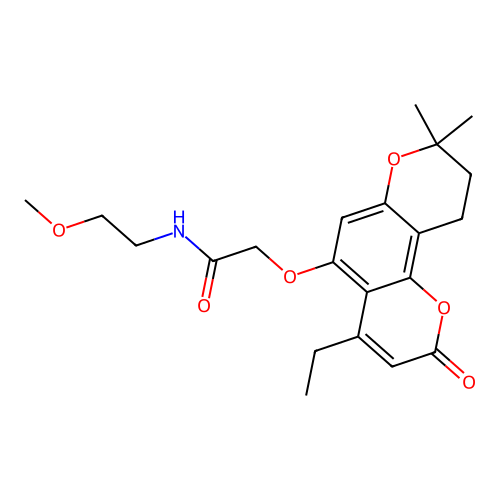 2-((4-ethyl-8,8-dimethyl-2-oxo-2,8,9,10-tetrahydropyrano[2,3-f]chromen-5-yl)oxy)-N-(2-methoxyethyl)acetamide structure