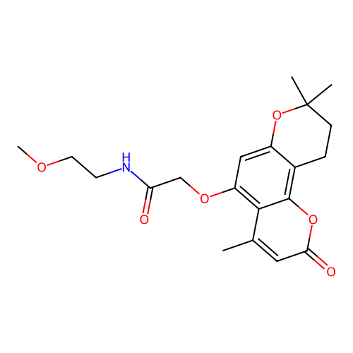 N-(2-methoxyethyl)-2-((4,8,8-trimethyl-2-oxo-2,8,9,10-tetrahydropyrano[2,3-f]chromen-5-yl)oxy)acetamide structure