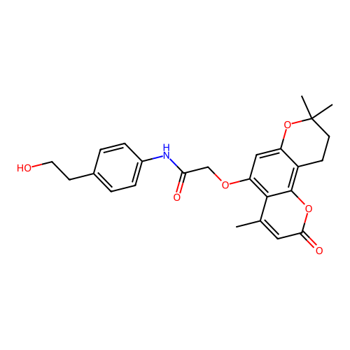 N-(4-(2-hydroxyethyl)phenyl)-2-((4,8,8-trimethyl-2-oxo-2,8,9,10-tetrahydropyrano[2,3-f]chromen-5-yl)oxy)acetamide structure