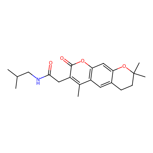 N-isobutyl-2-(4,8,8-trimethyl-2-oxo-2,6,7,8-tetrahydropyrano[3,2-g]chromen-3-yl)acetamide structure