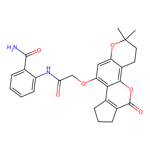 2-(2-((2,2-dimethyl-6-oxo-3,4,6,7,8,9-hexahydro-2H-cyclopenta[c]pyrano[2,3-h]chromen-10-yl)oxy)acetamido)benzamide structure