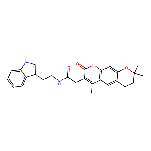 N-(2-(1H-indol-3-yl)ethyl)-2-(4,8,8-trimethyl-2-oxo-2,6,7,8-tetrahydropyrano[3,2-g]chromen-3-yl)acetamide structure