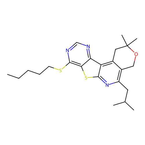 2,2-dimethyl-5-(2-methylpropyl)-8-(pentylsulfanyl)-1,4-dihydro-2H-pyrano[4'',3'':4',5']pyrido[3',2':4,5]thieno[3,2-d]pyrimidine structure