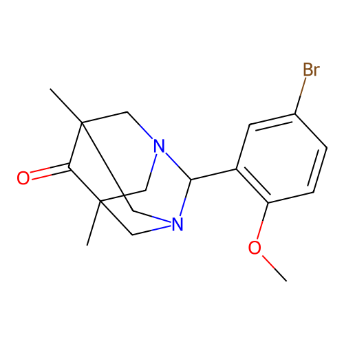 (5s,7s)-2-(5-bromo-2-methoxyphenyl)-5,7-dimethyl-1,3-diazatricyclo[3.3.1.1~3,7~]decan-6-one structure