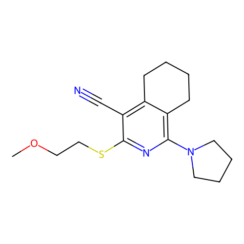 3-(2-methoxyethylsulfanyl)-1-pyrrolidin-1-yl-5,6,7,8-tetrahydroisoquinoline-4-carbonitrile structure