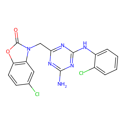 3-({4-amino-6-[(2-chlorophenyl)amino]-1,3,5-triazin-2-yl}methyl)-5-chloro-1,3-benzoxazol-2(3H)-one structure