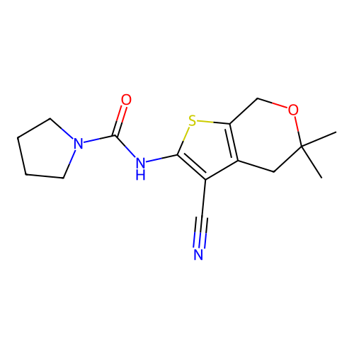 N-(3-cyano-5,5-dimethyl-4,7-dihydrothieno[2,3-c]pyran-2-yl)pyrrolidine-1-carboxamide structure