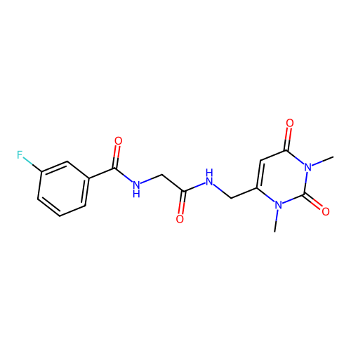 N-(2-(((1,3-dimethyl-2,6-dioxo-1,2,3,6-tetrahydropyrimidin-4-yl)methyl)amino)-2-oxoethyl)-3-fluorobenzamide structure
