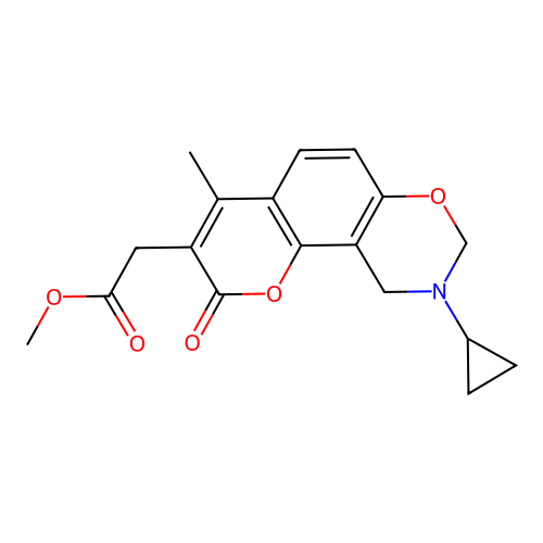 methyl 2-(9-cyclopropyl-4-methyl-2-oxo-2,8,9,10-tetrahydrochromeno[8,7-e][1,3]oxazin-3-yl)acetate structure