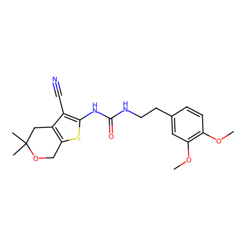 1-(3-cyano-5,5-dimethyl-4,7-dihydro-5H-thieno[2,3-c]pyran-2-yl)-3-[2-(3,4-dimethoxyphenyl)ethyl]urea structure