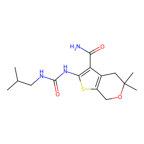 5,5-dimethyl-2-(2-methylpropylcarbamoylamino)-4,7-dihydrothieno[2,3-c]pyran-3-carboxamide structure