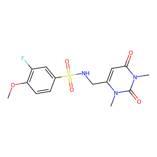 N-((1,3-dimethyl-2,6-dioxo-1,2,3,6-tetrahydropyrimidin-4-yl)methyl)-3-fluoro-4-methoxybenzenesulfonamide structure