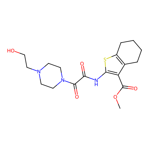 methyl 2-({[4-(2-hydroxyethyl)piperazin-1-yl](oxo)acetyl}amino)-4,5,6,7-tetrahydro-1-benzothiophene-3-carboxylate structure