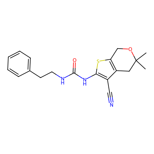 1-(3-cyano-5,5-dimethyl-4,7-dihydro-5H-thieno[2,3-c]pyran-2-yl)-3-(2-phenylethyl)urea structure