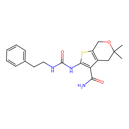 5,5-dimethyl-2-(2-phenylethylcarbamoylamino)-4,7-dihydrothieno[2,3-c]pyran-3-carboxamide structure