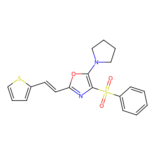 (E)-4-(phenylsulfonyl)-5-(pyrrolidin-1-yl)-2-(2-(thiophen-2-yl)vinyl)oxazole structure