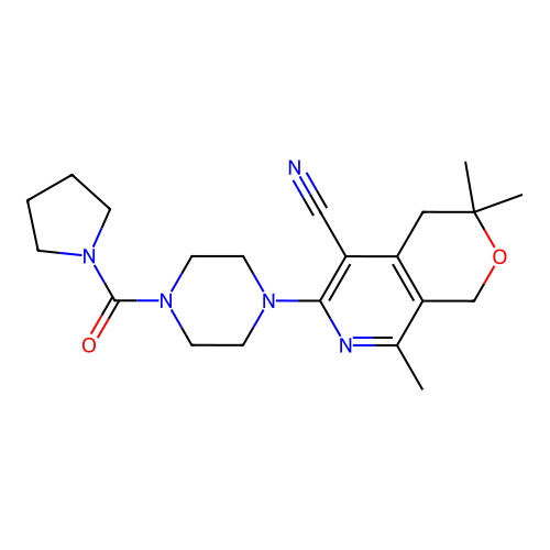 3,3,8-trimethyl-6-(4-(pyrrolidine-1-carbonyl)piperazin-1-yl)-3,4-dihydro-1H-pyrano[3,4-c]pyridine-5-carbonitrile structure