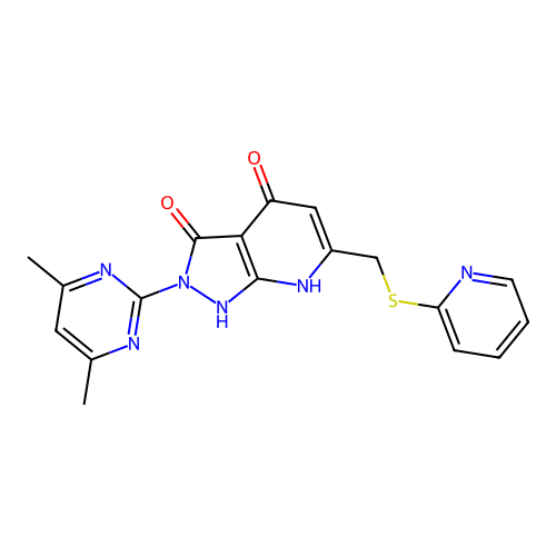 2-(4,6-dimethylpyrimidin-2-yl)-6-((pyridin-2-ylthio)methyl)-1H-pyrazolo[3,4-b]pyridine-3,4(2H,7H)-dione structure