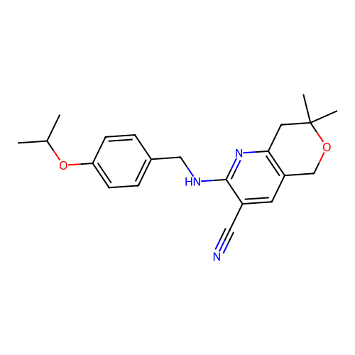 2-((4-isopropoxybenzyl)amino)-7,7-dimethyl-7,8-dihydro-5H-pyrano[4,3-b]pyridine-3-carbonitrile structure