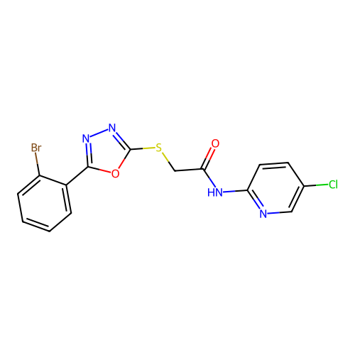 2-[[5-(2-bromophenyl)-1,3,4-oxadiazol-2-yl]sulfanyl]-N-(5-chloropyridin-2-yl)acetamide structure