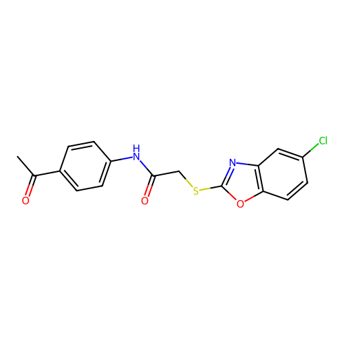 N-(4-acetylphenyl)-2-[(5-chloro-1,3-benzoxazol-2-yl)sulfanyl]acetamide structure