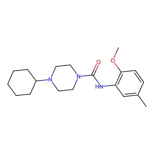 4-cyclohexyl-N-(2-methoxy-5-methylphenyl)piperazine-1-carboxamide structure