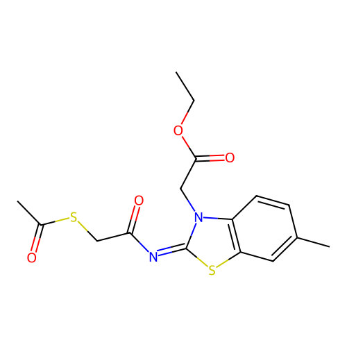 Ethyl 2-[2-(2-acetylsulfanylacetyl)imino-6-methyl-1,3-benzothiazol-3-yl]acetate structure