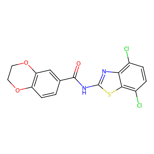 N-(4,7-dichloro-1,3-benzothiazol-2-yl)-2,3-dihydro-1,4-benzodioxine-6-carboxamide structure