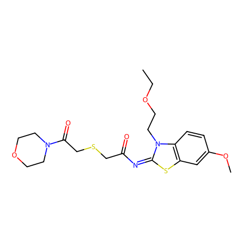 N-[3-(2-ethoxyethyl)-6-methoxy-1,3-benzothiazol-2-ylidene]-2-(2-morpholin-4-yl-2-oxoethyl)sulfanylacetamide structure