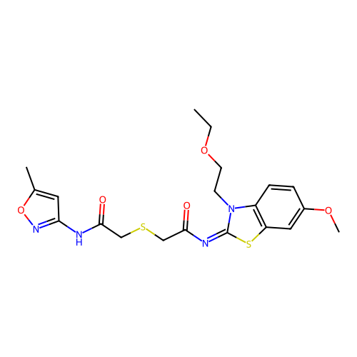 N-[(2Z)-3-(2-ethoxyethyl)-6-methoxy-2,3-dihydro-1,3-benzothiazol-2-ylidene]-2-({[(5-methyl-1,2-oxazol-3-yl)carbamoyl]methyl}sulfanyl)acetamide structure