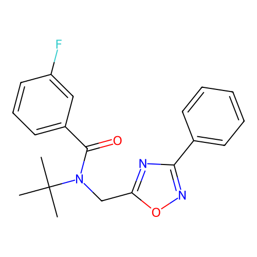 N-tert-butyl-3-fluoro-N-[(3-phenyl-1,2,4-oxadiazol-5-yl)methyl]benzamide structure
