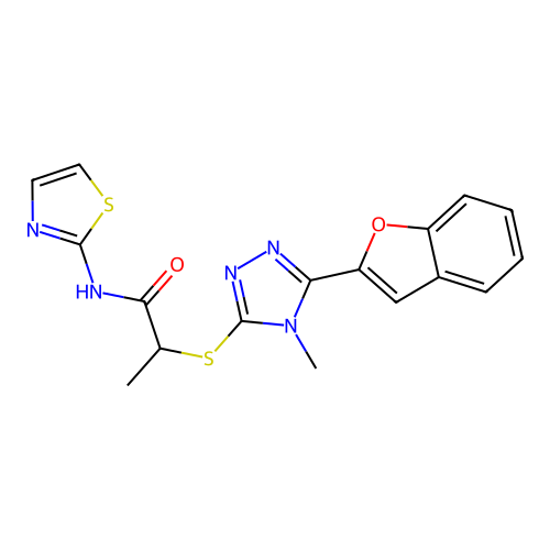2-{[5-(1-benzofuran-2-yl)-4-methyl-4H-1,2,4-triazol-3-yl]sulfanyl}-N-(1,3-thiazol-2-yl)propanamide structure