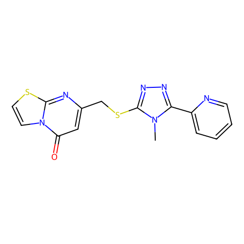 7-[(4-methyl-5-pyridin-2-yl-1,2,4-triazol-3-yl)sulfanylmethyl]-[1,3]thiazolo[3,2-a]pyrimidin-5-one structure
